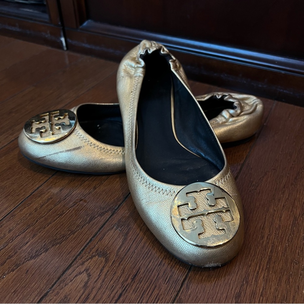 Tory Burch Gold Ballet Flats with Signature Medallion - well loved/worn